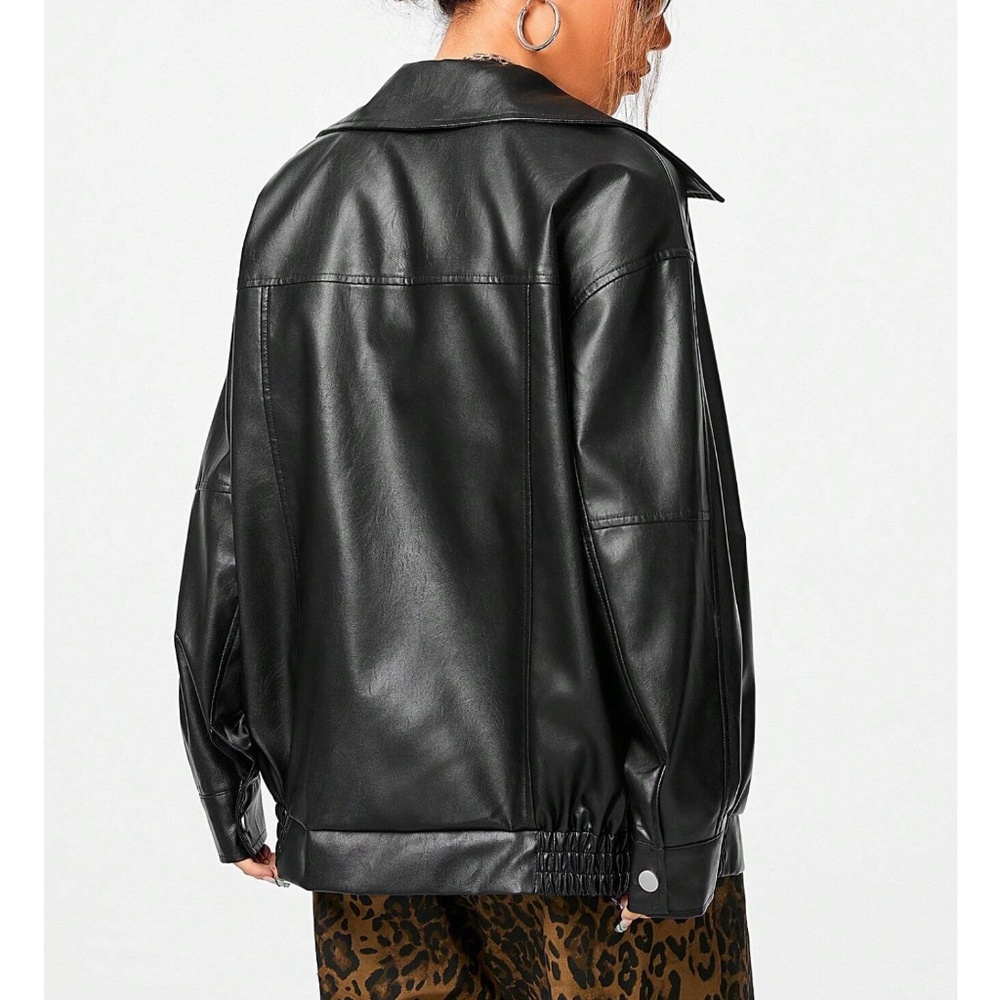 Luxe Vegan Leather Zipper Pockets Oversized Bomber Jacket - Picture 4 of 9